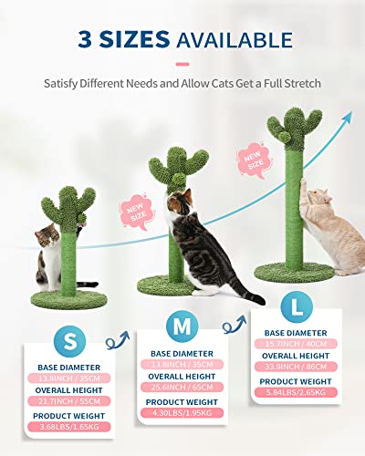 Made4Pets Cat Scratching Post, 25.6" Cactus Cat Scratcher Kitten Scratch Post with Sisal Rope for Indoor Cats Claw Scratcher, Vertical Green Cat Tree with Dangling Ball for Kitties Medium