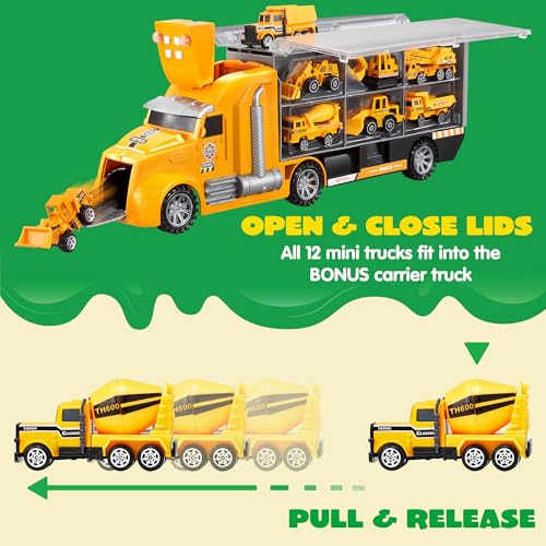 JOYIN 25-in-1 Construction Truck Toy Set with 12 Vehicles & 12 Worker Figures, Push and Go Toy Trucks with Sound and Light, Construction Toys Birthday Gifts for Kids 3 4 5 6 7 Years Old