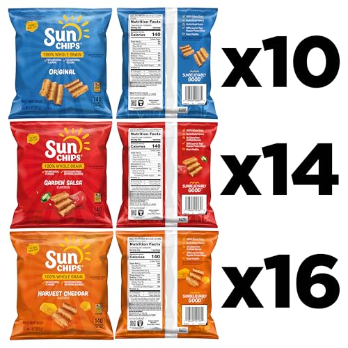 SunChips 100% Whole Grain Chips, Variety Pack, 1 oz Bags, Pack of 40, No Artificial Flavors, Colors