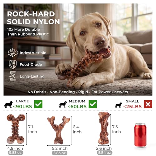 Kseroo 3-Pack Indestructible Dog Chew Toys for Aggressive Chewers: Bacon Flavored Rock-Hard Solid Nylon, Tough Dog Bones for Medium/Large Dogs 25-90lbs, Heavy Duty Dog Toys to Keep Them Busy, Brown-XL