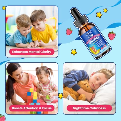 Magnesium Glycinate Liquid for Kids - with L-Theanine Omega-3, Vitamin B6, D3, Zinc - Kids Magnesium Drops for Sleep, Relaxation, Calm & Focus - 2 Fl Oz, Strawberry Flavor