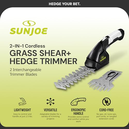 Sun Joe 2 in 1 Cordless 7.2V Handheld 4" Grass Shear and 6" Hedge Trimmer, Battery Powered, Built-In Safety Switch and Blade Safety Cover