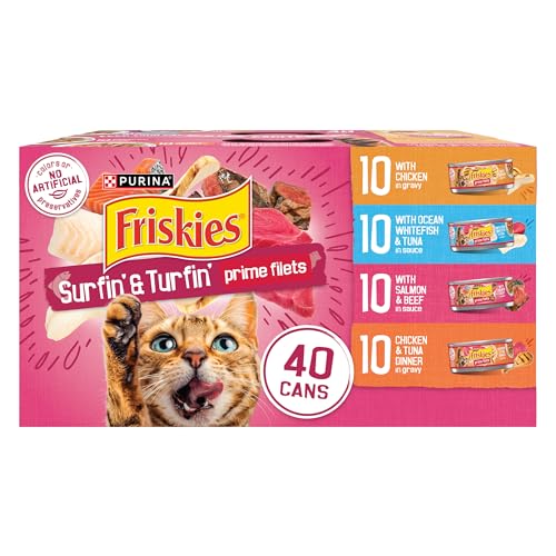 Purina Friskies Gravy Wet Cat Food Variety Pack, Surfin’ and Turfin’  Filets Favorites - (Pack of 40) 5.5 oz. Cans