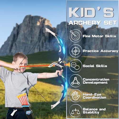 Bow and Arrow Set for Kids, 2 Pack LED Light Up Archery Set with 20 Suction Cup Arrows, Indoor and Outdoor Toy for Boys Girls Age 4-8 8-12 with Standing Target&2 Quivers, Birthday Gift 3-12 Years Old