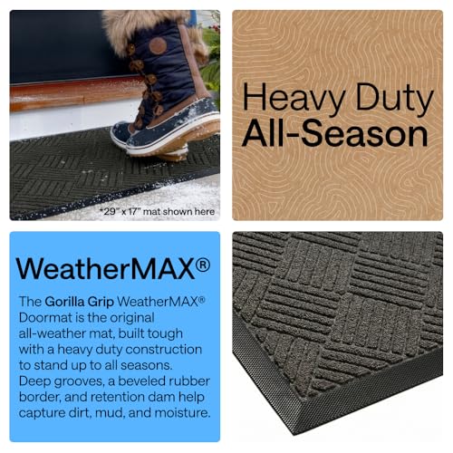 GORILLA GRIP 100% Waterproof All-Season WeatherMAX Doormat US Designed Natural Rubber, Stain Fade Resistant, Low Profile Indoor Outdoor Door Mats, Easy Clean, 29x17 Gray Diamond