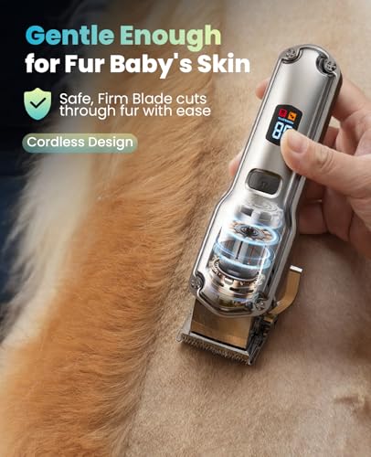oneisall Dog Clippers for Grooming for Thick Heavy Coats/Low Noise Rechargeable Cordless Pet Shaver with Detachable Stainless Steel Blade/Waterproof Dog Shaver for Dogs Pets and Animals (Silver)