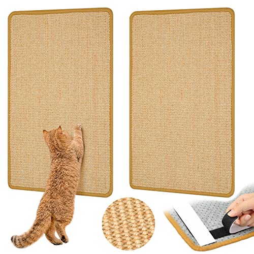 Graciadeco Carpet Cat Scratching Mat Sisal, 2 Packs Sisal Fabric Large 23.6" x 15.7" Scratching Pad for Indoor Cats with Adhesive Hook Loop Tape, Cat Scratching Rug Wall Scratchers for Indoor