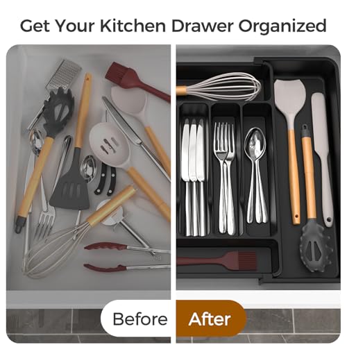 ukeetap Extra Large Expandable Silverware Organizer, BPA-Free Food-Safe Cutlery Flatware Organizer, Kitchen Utensil Drawer Organizer, Adjustable Silverware Holder for Spoons Forks Knives, Black
