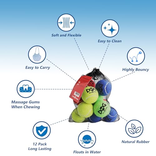 INSUM Tennis Balls for Dogs - 12 Pack 2.5'' Durable Non-Toxic Outdoor Dog Toys Balls with Mesh Bag, SGS Certified, Colorful Fetch Toys, Medium Large Breeds (Non Squeaky)