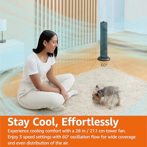 Basics 28" 60-Degree Oscillating Tower Fan with Powerful Airflow for Bedroom, Living Room, Office, 3 Speeds, Mechanical Control, Air Circulator, 35W, 27.8"H x 9.4"D x 9.4"W, Black
