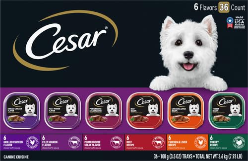 Cesar Wet Dog Food Classic Loaf in Sauce Grilled Chicken, Filet Mignon, Porterhouse Steak, Beef, Chicken & Liver and Turkey Variety Pack 3.5 oz. Easy Peel Trays (36 Count, Pack of 1)