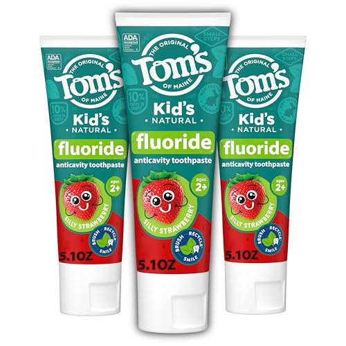 Tom's of Maine Fluoride Kids Toothpaste, Natural Toothpaste, Dye Free, No Artificial Preservatives, Silly Strawberry, 5.1 oz. 3-Pack (Packaging May Vary)