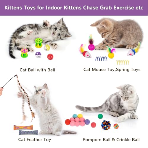 Retro Shaw Cat Toys Pack 33Pcs, Interactive Kitten Toys for Indoor Kittens Cats, Collapsible Kitty Play Tunnel Tent Feather Wand Balls Bell Springs Mouse Kitty Toys for All Breeds (2 Tunnel)