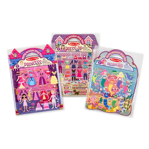 Melissa & Doug Puffy Sticker Activity Books Set of 3 – Dress-Up, Princess & Mermaid, with 208 Reusable Stickers and Fold-Out Scenes, Mess-Free Travel Toys for Kids Ages 4+ - FSC Certified