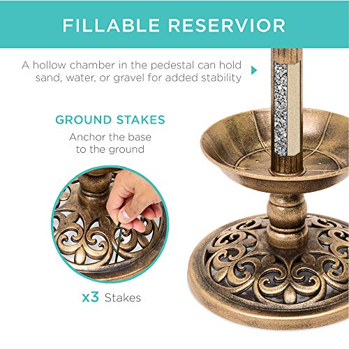 Best Choice Products Outdoor Solar Lighted Pedestal Bird Bath Fountain Decoration w/Planter, Integrated Panel, Scroll Accents for Lawn, Garden - Bronze