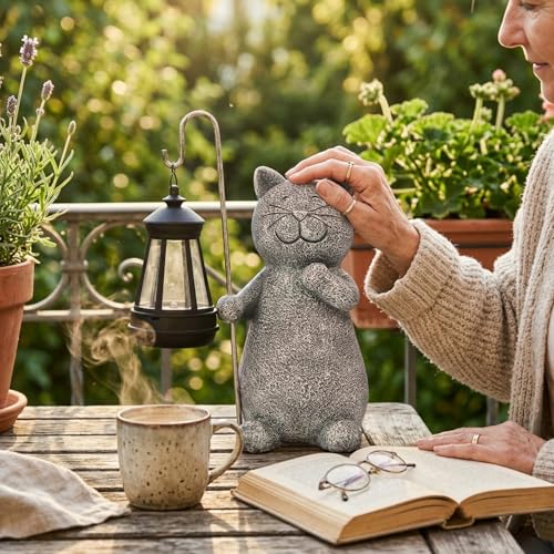 Qeeman Solar Cat Garden Statue: Weatherproof Resin Figurine with Warm Glow Lantern - Outdoor Decor for Yard Pathway Patio Porch Balcony - Gifts for Mom Grandma Cat Lovers