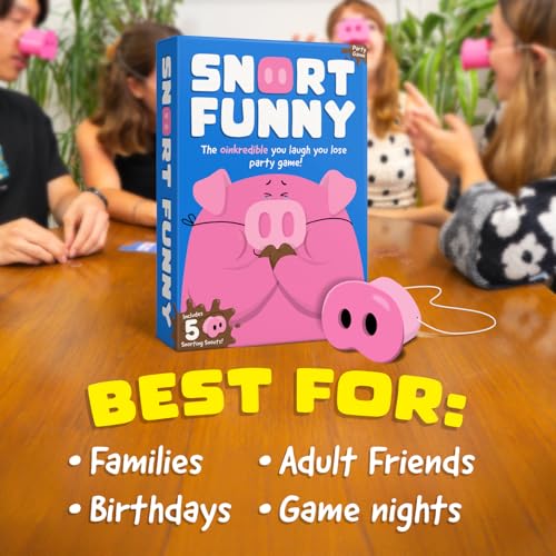 Snort Funny – The Oinkredible You Laugh You Lose Party Game, Family Games for Kids and Adults w/ 150 Challenge Cards, 5 Pig Snouts & Mud Tokens, Funny Games for Friend & Family, 4-8 Players, Ages 8+