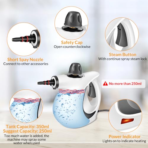 Handheld Pressurized Steam Cleaner with 12 pcs Accessories, Steamer for Cleaning, Steam Cleaner for Home Use, Steamer for Cleaning Car, Furniture, Floor, Upholstery, Grout and Tile, Deep Gray