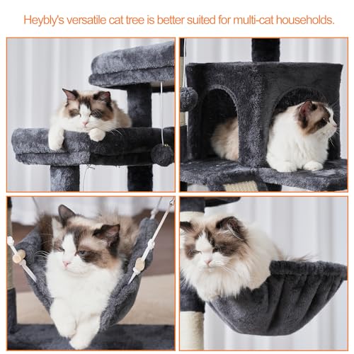 Heybly Cat Tree, 71-Inch-Tall Tower for Indoor Cats with 2 Perches, 2 Big Condos, 2 Hammocks, Basket, Scratching Pad, Large Cat Furniture and Condo, Smoky Gray HCT034G
