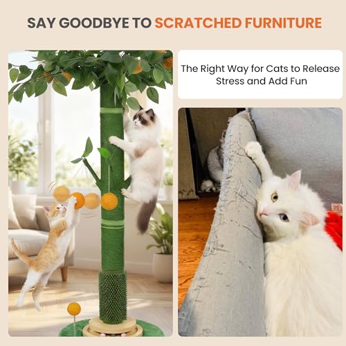 53" Extra Tall Cat Scratching Post for Large Cats, Heavy Duty Vertical Scratcher with Natural Sisal Rope, Stable Climbing Pole with Hanging Ball for Full Body Stretching