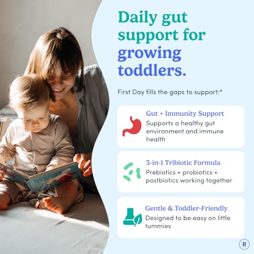 FIRST DAY Toddler Tribiotic Gummies (Ages 2-3) | Kids Probiotic Gummies | 3 in 1 Pre + Pro + Postbiotics for Kids Digestive & Immune Health - Kiwi, 60 Counts (30 Days Supply)