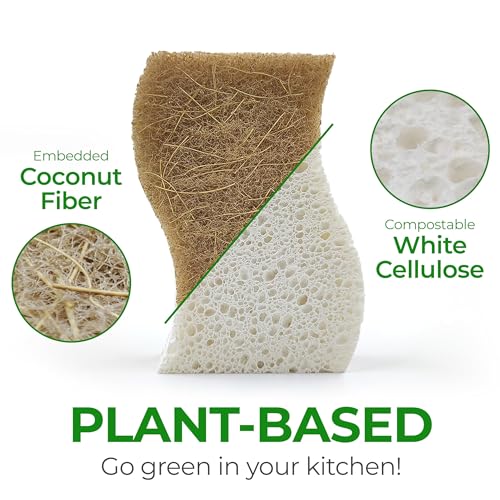 AIRNEX Natural Kitchen Sponges (12 Pack) - Biodegradable Cellulose & Coconut Scrubber Dish Sponges for Kitchen - Eco-Friendly, Non Scratch, Compostable, Non Toxic S-Shaped Natural Sponges for Dishes