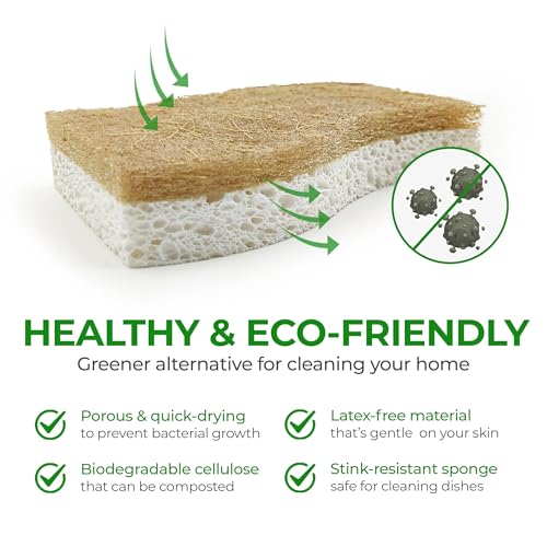 AIRNEX Natural Kitchen Sponges (12 Pack) - Biodegradable Cellulose & Coconut Scrubber Dish Sponges for Kitchen - Eco-Friendly, Non Scratch, Compostable, Non Toxic S-Shaped Natural Sponges for Dishes