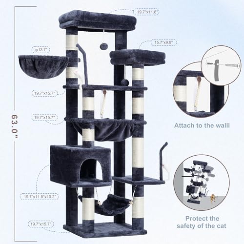 Gitelsnour Cat Tree, Cat Tower for Large Cats with 2 Big Platforms, 2 Baskets, condo and Toys, 63" Cat Scratching Posts for Indoor Cats, Smoky Gray GCT020G