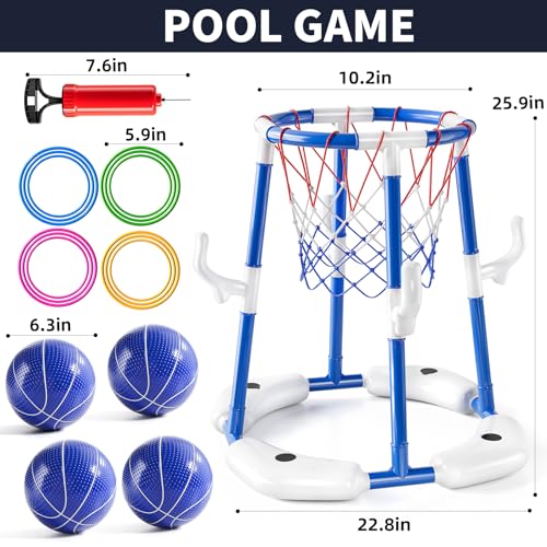NIPLOOOW Pool Basketball Hoop, 2-in-1 Floating Pool Toys Ring Game with 4 Balls and Pump, Outdoor Swimming Pool Basketball Games Water Play Toy Family Party for Kids Adults Age 3-12 (Blue)