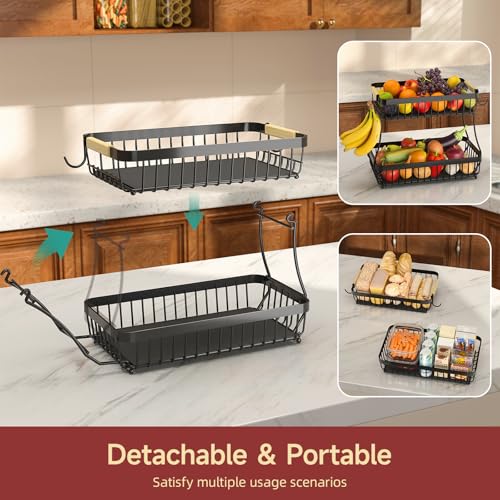 Sevenblue 2 Tier Large Fruit Basket for Kitchen Counter with 2 Mobile Banana Hangers, 2026 Pro Detachable Metal Fruit Bowl with Wooden Handle, Fruit Holder for Bread Snack Veggies with Protective Mats