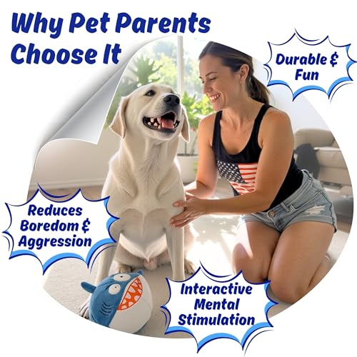 3 in 1 Squeaky Soft Plush Durable Dog Chew Toy for Aggressive Chewers, No Stuffing Interactive Tough Rip & Reveal Crinkle Blue Shark Ball in Gift Box, Puppy, Small & Large Breed Pets Birthday Present