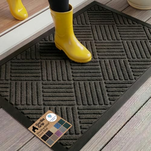 GORILLA GRIP 100% Waterproof All-Season WeatherMAX Doormat US Designed Natural Rubber, Stain Fade Resistant, Low Profile Indoor Outdoor Door Mats, Easy Clean, 29x17 Gray Diamond