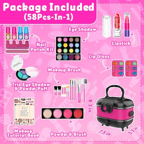Hollyhi 58 Pcs Kids Makeup Kit for Girl, Princess Toys Real Washable Cosmetic Set with Mirror, Kids Makeup Sets for Girls, Play Make Up Birthday Gifts for 3 4 5 6 7 8 9 10 11 12 Years Old Kid (Rose)