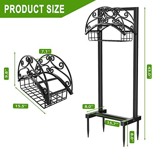 Gayuteay Garden Hose Holder – Water Hose Reel Stand with Storage Basket Holds 151ft, Heavy Duty Freestanding Garden Hanger Storage Rack for Outside Yard Lawn Farm