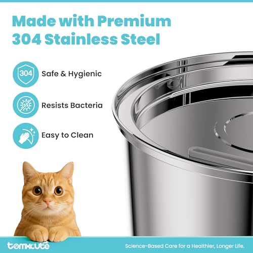 Tomxcute Cat Water Fountain, 3.2L/108oz Automatic Stainless Steel Pet Fountain Dog Water Dispenser, Ultra-Quiet Pump and 3 Replacement Filters & for Cats, Dogs, Multiple Pets