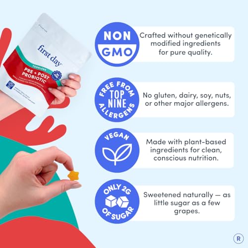 FIRST DAY Toddler Tribiotic Gummies (Ages 2-3) | Kids Probiotic Gummies | 3 in 1 Pre + Pro + Postbiotics for Kids Digestive & Immune Health - Kiwi, 60 Counts (30 Days Supply)