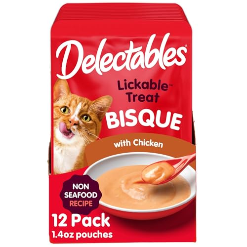 Delectables Lickable Treat Bisque Non-Seafood Wet Cat Treat with Real Chicken, Food Topper, Hydrating, Grain-Free, No Fillers, By-Products, Added Preservatives, 1.4oz Pouch, 12ct
