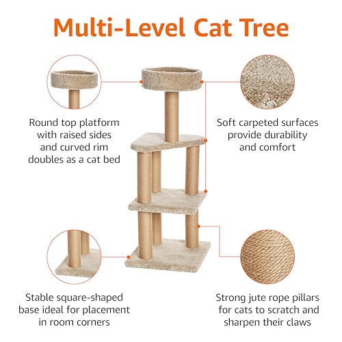 Basics Cat Tree Tower - Multi-Level Climbing Activity Center for Indoor Cats & Kittens with Scratching Posts, Platform, Jute Rope, Large (45.9"H), Beige