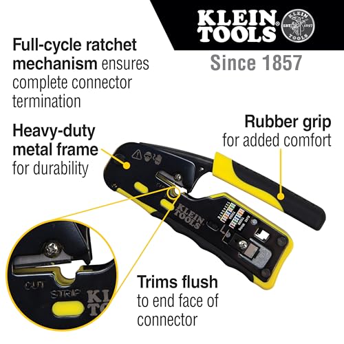 Klein Tools VDV226-110 Ratcheting Modular Data Cable Crimper / Wire Stripper / Wire Cutter for RJ11/RJ12 Standard, RJ45 Pass-Thru Connectors