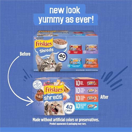 Purina Friskies Wet Cat Food Variety Pack, Shreds With Beef, Turkey and Cheese Dinner, Chicken and Salmon Dinner, and With Ocean Whitefish and Tuna - (Pack of 40) 5.5 oz. Cans