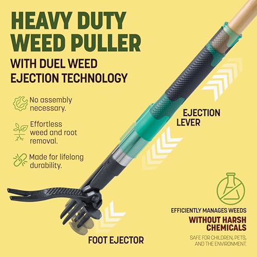 Papa's Tools Weed Puller Tool, 44" Stand Up Weeder Garden Tools & 4 Claw Steel Head, Dual Weed Eject Tech. Made with Real Bamboo & Long Wooden Handle, Yard Weeding Remover for Gardening Men & Women