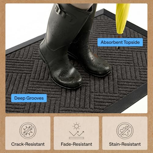GORILLA GRIP 100% Waterproof All-Season WeatherMAX Doormat US Designed Natural Rubber, Stain Fade Resistant, Low Profile Indoor Outdoor Door Mats, Easy Clean, 29x17 Gray Diamond