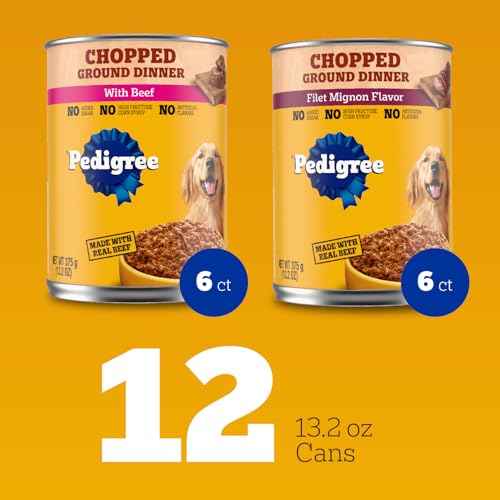 Pedigree Chopped Ground Dinner Wet Dog Food Filet Mignon & Beef Variety Pack, Canned Dog Food, 13.2 oz. Cans, 12 Count