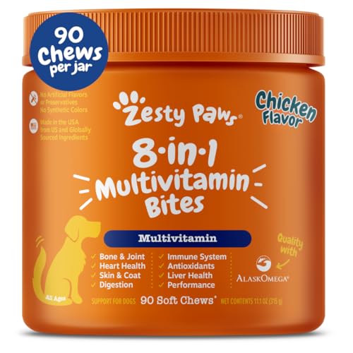 Zesty Paws Dog Multivitamin, Chewable Dog Vitamins and Supplements for Hip & Joints, Skin & Coat, Omega 3 Fish Oil for Dogs- Senior & Puppy Multivitamin- Chicken- 90ct
