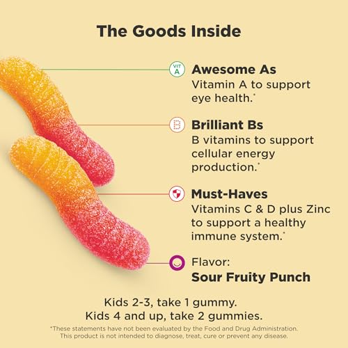 OLLY Kids Multivitamin Gummy, Overall Health and Immune Support,* Vitamins and Minerals A, C, D, E, Bs and Zinc, Kids Chewable Supplement, Sour Fruity Punch Flavored, 70 or 35 Day Supply - 70 Count