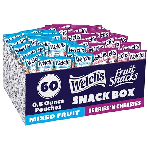 Welch's Fruit Snacks, Mixed Fruit & Berries 'N Cherries Snack Box, Gluten Free, 0.8oz Snack Packs (Pack of 60)