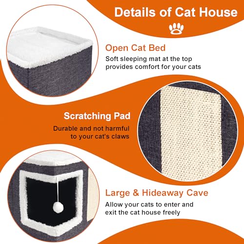 Loyareal Cat Houses for Indoor Cats - Large Cat Bed Cave with Scratch Pad and Fluffy Ball, Foldable Cat Condo Hideaway with Reversible Cushion for Multi Small Pet, Dark Grey