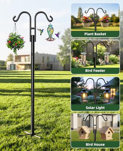 Double Shepherds Hooks, 76 Inch Bird Feeder Pole with 5-Prong Base, 3/4 Inch Thick Heavy Duty Adjustable Garden Hooks for Hanging Plants, Hummingbird Feeder, Solar Lights, Lantern Outdoor Garden Decor