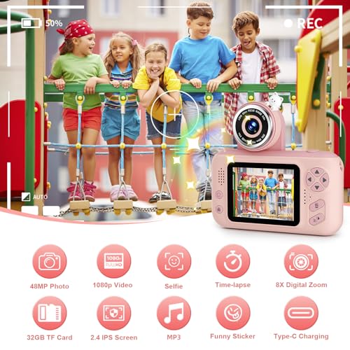 Makolle Kids Camera Toys for Girls 3-12 Year Old,Toddler HD Digital Video Camcorder Camera with Tripod,Children Chritmas Birthday Gift with 32GB SD Card-Pink