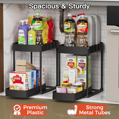Ukeetap Multi-Purpose Pull-Out Storage Organizers, Under Sink/Cabinet Organizers and Storage for Bathroom & Kitchen, Black, 12.8 Inches, 2 Packs